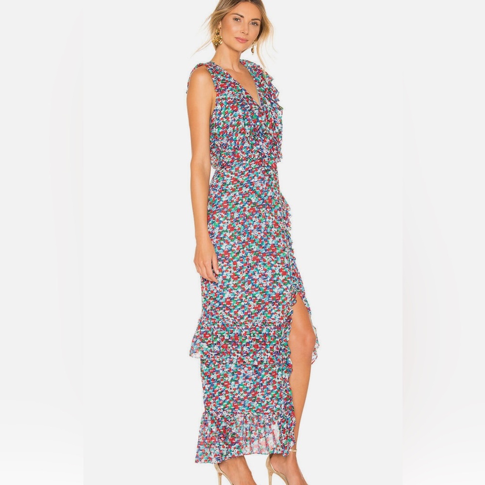 SALONI Blue Red White Print Flocked ANITA Ruffle Silk Maxi